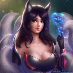Rule 34 | 1girl, ahri (league of legends), animal ears, bare shoulders, black hair, breasts, cleavage, detached sleeves, facial mark, fox ears, fox tail, heart, highres, korean clothes, large breasts, league of legends, lips, long hair, multiple tails, polkin, slit pupils, solo, tail, whisker markings, yellow eyes