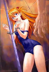 Rule 34 | 1boy, 1girl, bare shoulders, bdsm, blue eyes, blush, bondage, bound, breast slip, breasts, clothes pull, cuffs, hair ornament, handcuffs, imminent rape, izurumi, long hair, male hand, neon genesis evangelion, nipples, one-piece swimsuit, one-piece swimsuit pull, one breast out, open mouth, orange hair, school swimsuit, solo focus, souryuu asuka langley, strap slip, swimsuit, twintails, two side up, undressing