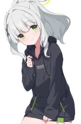 Rule 34 | 1girl, adjusting clothes, black hoodie, blue archive, collarbone, commentary request, green eyes, grey hair, hair intakes, hair ornament, hairclip, halo, hare (blue archive), highres, hood, hoodie, long hair, looking at viewer, mochigome (ununquadium), ponytail, simple background, smile, solo, white background