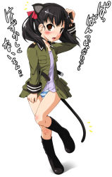 Rule 34 | 1girl, animal ears, black hair, blouse, blush, boots, breast pocket, cat ears, cat tail, green shirt, natsuhime yuran, no pants, open clothes, open shirt, panties, pocket, shirt, solo, sora no woto, striped clothes, striped panties, suminoya kureha, tail, they&#039;re not panties, translation request, twintails, underwear