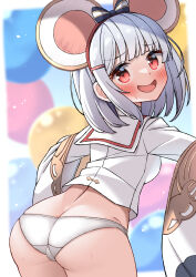 Rule 34 | 1girl, animal ears, ass, balloon, blurry, blurry background, blush, butt crack, erune, granblue fantasy, hair ornament, hairclip, hekomii, highres, looking at viewer, mouse ears, open mouth, panties, red eyes, solo, underwear, vikala (granblue fantasy), white panties