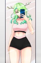 Rule 34 | 1girl, antlers, bare shoulders, breasts, ceres fauna, choker, collarbone, green hair, highres, holocouncil, hololive, hololive english, horns, large breasts, long hair, midriff, mirror, mole, mole under eye, phone, selfie, shorts, sleeveless, solo, sports bra, stomach, thighs, virtual youtuber, wide hips, yafatguy, yellow eyes
