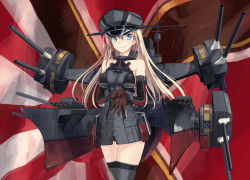 Rule 34 | 10s, 1girl, akasaai, bad id, bad pixiv id, bare shoulders, bismarck (kancolle), blonde hair, blue eyes, blush, breasts, detached sleeves, flag, gloves, grey thighhighs, hat, kantai collection, large breasts, long hair, looking at viewer, military, military hat, military uniform, peaked cap, putting on gloves, smile, solo, thighhighs, uniform