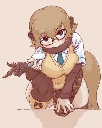 Rule 34 | 1girl, animal ears, black-framed eyewear, blush, breasts, brown hair, fur trim, glasses, kemono friends, large breasts, layered sleeves, long sleeves, looking at viewer, maki (02uh14l1b740ao2), meerkat (kemono friends), meerkat (kemono friends) (old design), meerkat ears, meerkat tail, miniskirt, necktie, pleated skirt, short over long sleeves, short sleeves, simple background, skirt, solo, sweater vest, tail, thick thighs, thighhighs, thighs