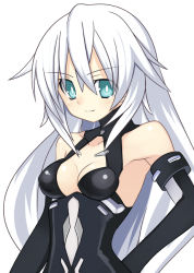 Rule 34 | 1girl, black gloves, black heart (neptunia), blue eyes, breasts, choujigen game neptune, cleavage, cleavage cutout, clothing cutout, collarbone, elbow gloves, gloves, hair between eyes, hand on own hip, long hair, looking at viewer, meimu (infinity), neptune (series), noire (neptunia), silver hair, simple background, small breasts, smile, solo, upper body, white background