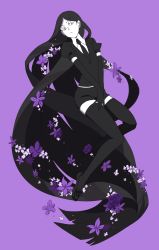 Rule 34 | 10s, 1other, absurdly long hair, androgynous, black hair, black thighhighs, bort, elbow gloves, full body, gloves, houseki no kuni, long hair, monochrome, necktie, purple theme, solo, thighhighs, very long hair
