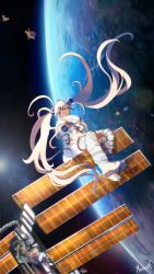 Rule 34 | 1girl, absurdres, artist name, between legs, blonde hair, commentary, dark-skinned female, dark skin, earth (planet), english commentary, floating hair, hair ornament, hand between legs, highres, hololive, hololive english, lens flare, light brown hair, long hair, looking to the side, miku (mikururun), nasa logo, parted lips, planet, planet hair ornament, sanallite (tsukumo sana), satellite, signature, sitting, sky, solar panel, solo focus, space, spacesuit, star (sky), starry sky, tsukumo sana, tsukumo sana (1st costume), twintails, very long hair, virtual youtuber, yellow eyes