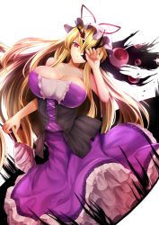 Rule 34 | 1girl, adapted costume, alternate eye color, backlighting, bare shoulders, big hair, breasts, cleavage, closed umbrella, clothes lift, corset, dress, dress lift, frilled dress, frills, gap (touhou), hair between eyes, hand over eye, hand up, hat, hat ribbon, highres, holding, holding umbrella, large breasts, light particles, long hair, looking at viewer, mob cap, pink eyes, purple dress, red eyes, ribbon, serious, sidelocks, simple background, sinkai, slit pupils, solo, touhou, umbrella, very long hair, white background, yakumo yukari