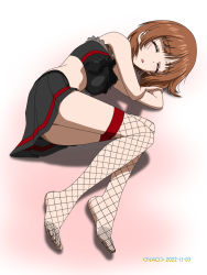 Rule 34 | 1girl, blush, breasts, brown hair, closed eyes, female focus, fishnet thighhighs, fishnets, full body, girls und panzer, highres, lying, miniskirt, naotosi, nishizumi miho, on side, open mouth, pn side, short hair, skirt, sleeping, small breasts, solo, thighhighs