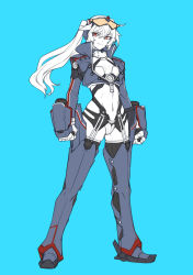 Rule 34 | 1girl, aqua background, ban! (bansankan), breasts, cannon, chest cannon, directed-energy weapon, energy, energy cannon, energy weapon, flat color, full body, garter straps, gauntlets, gipsy danger, glasses, high collar, highres, jaeger (pacific rim), legendary pictures, long hair, mecha musume, navel, nuclear vortex turbine, pacific rim, pan pacific defense corps, personification, red eyes, side ponytail, simple background, small breasts, smile, solo, thighhighs, weapon