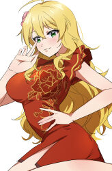 Rule 34 | absurdres, ahoge, bare legs, blonde hair, blush, breasts, china dress, chinese clothes, dress, floral print, flower, green eyes, hair flower, hair ornament, hand on own hip, highres, hoshii miki, idolmaster, idolmaster (classic), idolmaster million live!, katsu (kana), large breasts, long hair, looking at viewer, messy hair, red dress, side slit, simple background, smile, very long hair, white background
