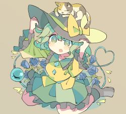 Rule 34 | 1girl, :o, animal, animal on head, arms up, baron (x5qgeh), black footwear, black hat, blouse, blue flower, blue rose, blush, boots, brown background, buttons, calico, cat, collared shirt, commentary, deformed, diamond button, eyeball, flower, frilled shirt collar, frilled skirt, frilled sleeves, frills, from above, full body, green eyes, green hair, green skirt, hair between eyes, hands on headwear, hat, hat ribbon, heart, heart of string, koishi day, komeiji koishi, long sleeves, medium hair, medium skirt, on head, open mouth, ribbon, rose, shirt, simple background, sitting, skirt, solo, third eye, touhou, wariza, wavy hair, wide sleeves, yellow ribbon, yellow shirt