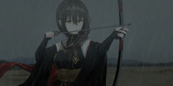 Rule 34 | 1girl, arrow (projectile), black gloves, black hair, black shirt, borrowed character, bow (weapon), braid, breasts, chihuri, drawing bow, field, fingerless gloves, gloves, grey sky, hair between eyes, hair over shoulder, highres, holding, holding arrow, holding bow (weapon), holding weapon, long hair, looking away, medium breasts, original, outdoors, rain, shirt, short sleeves, single braid, sky, solo, standing, upper body, weapon, wide sleeves, yellow eyes