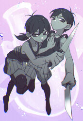 Rule 34 | 1boy, 1girl, air bubble, antenna hair, bare arms, bare shoulders, bubble, chromatic aberration, collarbone, commentary request, dual persona, expressionless, floating, foreshortening, full body, genderswap, genderswap (mtf), greyscale with colored background, hand on another&#039;s back, hand on another&#039;s chest, highres, holding, holding knife, knife, leg up, looking at viewer, low twintails, no pupils, omori, omori (omori), pink background, short hair, short twintails, shorts, simple background, striped clothes, striped shorts, tank top, thighhighs, toastytoast, twintails