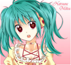 Rule 34 | 1girl, aqua hair, bad id, bad pixiv id, choker, hatsune miku, headset, heart, kiseki, kiseki (poison), open mouth, portrait, red eyes, solo, twintails, upper body, vocaloid