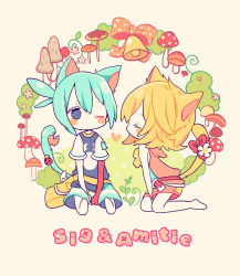 Rule 34 | 1boy, 1girl, amitie (puyopuyo), ana (rznuscrf), animal, animal ears, bag, bell, between legs, blonde hair, blue eyes, blue hair, blue shirt, blue shorts, blush stickers, bow, bug, butterfly, cat boy, cat ears, cat girl, cat tail, character name, closed eyes, flower, hair between eyes, hand between legs, hood, hood down, hoodie, insect, ladybug, messenger bag, mushroom, one eye closed, pink bow, pink hoodie, pink shorts, polka dot, polka dot bow, profile, puyopuyo, puyopuyo fever, red bow, shirt, short hair, shorts, shoulder bag, sig (puyopuyo), sitting, sleeveless, sleeveless hoodie, tail, tail bow, tail flower, tail ornament, white flower