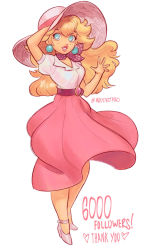 Rule 34 | 1girl, belt, blonde hair, blue eyes, breasts, casual, commentary, earrings, english commentary, full body, hat, high heels, jewelry, long legs, long skirt, maddestmao, mario (series), milestone celebration, narrow waist, neckerchief, nintendo, pink footwear, pink skirt, princess peach, skirt, small breasts, solo, sun hat, super mario odyssey, thank you, waving, white background