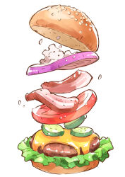 Rule 34 | absurdres, bacon, bun (food), burger, cheese, cucumber, cucumber slice, food, food focus, hasegawa (morebeer), highres, lettuce, meat, no humans, onion, original, sesame seeds, simple background, tomato, tomato slice, white background