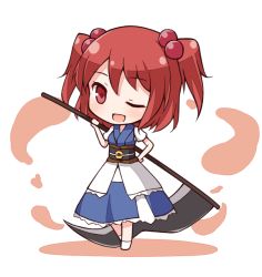 Rule 34 | 1girl, chibi, hair bobbles, hair ornament, hand on own hip, one eye closed, onozuka komachi, red eyes, red hair, scythe, shichikaku, short hair, simple background, smile, solo, touhou, twintails, two side up, white background
