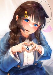 Rule 34 | 1girl, absurdres, ahoge, blue eyes, blue jacket, blue skirt, braid, breasts, brown hair, collared shirt, hair flaps, hair over shoulder, heart, heart hands, highres, jacket, jewelry, kantai collection, long hair, medium breasts, official alternate costume, open clothes, open jacket, pendant, plaid, plaid skirt, pleated skirt, ring, shigure (kancolle), shigure kai san (kancolle), shirt, single braid, skirt, solo, tsui (kojiya), wedding ring, white shirt