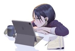 Rule 34 | 1girl, black eyes, black hair, carlo montie, coffee mug, commentary, cup, earbuds, earphones, english commentary, highres, invisible table, logo parody, mug, notebook, original, pen, purple shirt, shirt, simple background, solo, tablet pc, white background