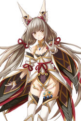 Rule 34 | 1girl, :d, animal ears, bare shoulders, breasts, bridal gauntlets, cleavage cutout, clothing cutout, commentary, detached sleeves, highres, jewelry, leotard, light brown hair, long hair, long sleeves, looking at viewer, low-tied long hair, low twintails, necklace, nia (blade) (xenoblade), nia (xenoblade), nintendo, niyah, open mouth, redpoke, simple background, small breasts, smile, solo, spoilers, standing, thighhighs, twintails, v, very long hair, white background, white thighhighs, xenoblade chronicles (series), xenoblade chronicles 2, yellow eyes