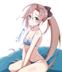 Rule 34 | 1girl, absurdres, akigumo (kancolle), black panties, blue bra, blush, bra, breasts, brown hair, cleavage, closed mouth, commentary, glasses, green eyes, highres, honma (honmatomohiro), kantai collection, long hair, medium breasts, one-hour drawing challenge, panties, ponytail, simple background, sitting, solo, twitter username, underwear, white background