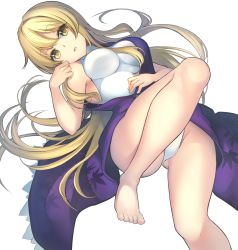 Rule 34 | 1girl, armpit crease, bare shoulders, barefoot, blonde hair, blush, bow, breasts, buttons, closed mouth, coat, commentary request, commission, covered navel, eyelashes, hair bow, hand on own stomach, head tilt, highleg, highleg leotard, highres, janne cherry, knees, large breasts, leaf print, legs, leotard, long hair, looking at viewer, lying, on back, parted bangs, pixiv commission, purple coat, shiny skin, sidelocks, simple background, single strap, sleeveless, sleeveless coat, smile, solo, thighs, touhou, watatsuki no toyohime, white background, white leotard, yellow eyes