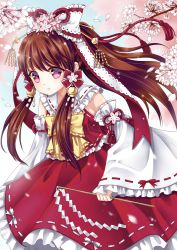 Rule 34 | 1girl, bad id, bad pixiv id, bell, bow, brown hair, cherry blossoms, detached sleeves, embellished costume, female focus, flower, gohei, hair bow, hair ribbon, hakurei reimu, highres, long hair, petals, ponytail, red eyes, ribbon, smile, solo, sumomo (tyc78503012), touhou