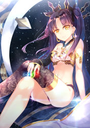Rule 34 | 1girl, arm rest, arm support, armlet, asymmetrical clothes, asymmetrical gloves, asymmetrical legwear, bad id, bad pixiv id, bare arms, bare legs, bare shoulders, black gloves, black hair, black panties, black ribbon, black thighhighs, blue gemstone, breasts, bridal gauntlets, c:, cleavage, closed mouth, collar, crossed legs, crown, earrings, elbow gloves, emerald (stone), fate/grand order, fate (series), female focus, gem, gloves, hair ribbon, heavenly boat maanna, highres, holding, holding gem, hoop earrings, ishtar (fate), jewelry, legs, long hair, looking at viewer, medium breasts, midriff, navel, neck, panties, parted bangs, red gemstone, revealing clothes, revision, ribbon, single bridal gauntlet, single elbow glove, single glove, single thighhigh, sky, smile, solo, star (sky), starry sky, strapless, thighhighs, thighlet, tohsaka rin, two side up, type-moon, underwear, uneven gloves, uneven legwear, yan (nicknikg), yellow eyes