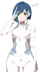 Rule 34 | 1girl, :3, absurdres, arm at side, asymmetrical hair, blue hair, blush, bob cut, bodysuit, breasts, character name, closed mouth, commentary, covered navel, cowboy shot, darling in the franxx, english commentary, gluteal fold, green eyes, groin, hand up, highres, ichigo (darling in the franxx), impossible bodysuit, impossible clothes, light blush, light smile, looking at viewer, medium breasts, pilot suit, salute, short hair, sia namsbinpeni, simple background, single sidelock, skin tight, smile, solo, standing, straight-on, thigh gap, translated, white background, white bodysuit