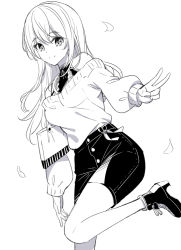 Rule 34 | bag, bare shoulders, boots, closed mouth, commentary request, futaba (zhuoyandesailaer), greyscale, hair between eyes, high heel boots, high heels, long hair, long sleeves, monochrome, off-shoulder sweater, off shoulder, original, outstretched arm, petals, puffy long sleeves, puffy sleeves, ririko (zhuoyandesailaer), shirt, simple background, skirt, sleeveless, sleeveless shirt, sleeves past wrists, smile, solo, standing, standing on one leg, sweater, v, white background
