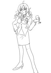 Rule 34 | 1girl, ahoge, brooch, ascot, cup, drinking glass, formal, full body, glass, greyscale, high heels, jacket, jewelry, lineart, long sleeves, mac os, monochrome, mouth hold, os-tan, pencil skirt, skirt, solo, standing, suit
