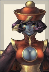 Rule 34 | 1girl, blue skin, breasts, capcom, chinese clothes, cleavage, cleavage cutout, clothing cutout, colored skin, hat, jiangshi, kate niemczyk, large breasts, lei lei, purple hair, qingdai guanmao, smile, solo, vampire (game), yellow eyes