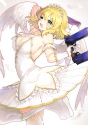 Rule 34 | 10s, 1girl, :d, angel wings, armpits, bare shoulders, blonde hair, blue eyes, blush, boots, breasts, cleavage, dress, dual wielding, from side, gloves, green eyes, gun, hair between eyes, heterochromia, highres, holding, holding gun, holding weapon, kirikou nozomi, large breasts, looking at viewer, looking to the side, open mouth, ryouna (senran kagura), senran kagura, senran kagura shinovi versus, short hair, smile, solo, thighhighs, tiara, weapon, white dress, white footwear, white gloves, white thighhighs, white wings, wings