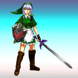 Rule 34 | 1girl, bad id, bad pixiv id, blue eyes, boots, braid, cosplay, female focus, gloves, hat, holding, holding sword, holding weapon, hylian shield, izayoi sakuya, link, link (cosplay), maid, master sword, nintendo, omega-the-world, omega na hito, shield, silver hair, solo, sword, the legend of zelda, touhou, twin braids, weapon