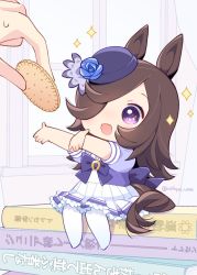 Rule 34 | 1girl, 1other, animal ears, blouse, blue headwear, brown hair, commentary request, cookie, disembodied hand, fascinator, food, hair over one eye, horse ears, horse girl, horse tail, long hair, mini person, minigirl, mopiwo, neckerchief, pantyhose, pleated skirt, puffy short sleeves, puffy sleeves, purple eyes, purple neckerchief, purple shirt, rice shower (umamusume), sailor collar, school uniform, shirt, short sleeves, skirt, sparkle, tail, thighhighs, tracen school uniform, trainer (umamusume), umamusume, white pantyhose, white skirt, white thighhighs