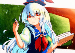 Rule 34 | 1girl, bad id, bad twitter id, blue dress, blue hair, blurry, blush, breasts, depth of field, dress, hat, highres, holding, kamishirasawa keine, long hair, looking at viewer, neckerchief, open mouth, puffy short sleeves, puffy sleeves, qqqrinkappp, red eyes, short sleeves, solo, touhou, upper body