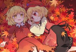 Rule 34 | 2girls, :d, aki minoriko, aki shizuha, autumn leaves, black skirt, blonde hair, blush, brown shirt, cabbie hat, closed mouth, commentary request, food, fruit, grapes, hair ornament, hairband, hat, highres, juliet sleeves, kibisake, leaf, leaf hair ornament, long sleeves, lying, maple leaf, mob cap, multiple girls, on back, on side, open mouth, puffy sleeves, red eyes, red hairband, red headwear, red shirt, red skirt, shirt, short hair, siblings, sisters, skirt, smile, touhou, wide sleeves, yellow eyes