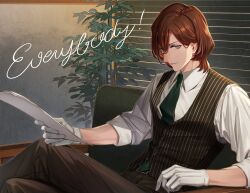 Rule 34 | 1boy, armchair, black pants, black vest, brown hair, chair, closed mouth, collared shirt, crossed legs, english text, feet out of frame, gloves, green necktie, grey eyes, hair behind ear, hair between eyes, hanano 029, highres, holding, holding paper, indoors, kotobuki reiji, looking at viewer, male focus, necktie, pants, paper, pinstripe pattern, pinstripe vest, plant, shirt, short hair, sitting, sleeves rolled up, smile, solo, uta no prince-sama, vest, white gloves, white shirt, window blinds