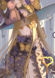 Rule 34 | 1girl, abigail williams (fate), abigail williams (second ascension) (fate), animal, artist name, bad id, bad pixiv id, blonde hair, blurry, blurry foreground, bug, butterfly, butterfly on hair, commentary request, covered mouth, depth of field, fate/grand order, fate (series), haneru, hat, head tilt, highres, insect, key, keyhole, long hair, looking at viewer, navel, nude, one eye covered, orange eyes, parted bangs, revealing clothes, signature, solo, stuffed animal, stuffed toy, teddy bear, upper body, very long hair, witch hat