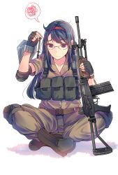 Rule 34 | 1girl, absurdres, ammunition pouch, arm shield, assault rifle, bad id, bad twitter id, battle rifle, belt, belt buckle, bipod, black gloves, blue hair, boots, brown belt, brown pants, brown shirt, buckle, buttons, chest rig, closed mouth, collarbone, collared shirt, crossed ankles, daito, dark blue hair, elbow pads, fatigues, fingerless gloves, flip-up sight, folding stock, frown, full body, gloves, green footwear, gun, hairband, highres, holding, holding gun, holding weapon, imi galil, long hair, looking at object, military uniform, open collar, original, pants, pants tucked in, parted hair, pouch, purple eyes, red hairband, rifle, semi-rimless eyewear, shadow, shield, shirt, shirt tucked in, short sleeves, simple background, sitting, solo, speech bubble, spoken squiggle, squiggle, swept bangs, third-party source, tsurime, uniform, weapon, white background