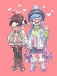 Rule 34 | 2girls, ^ ^, absurdres, alternate costume, averting eyes, beanie, black pants, blue hair, blue shorts, blunt bangs, blush, boots, bow, brown footwear, brown jacket, brown scarf, closed eyes, commentary request, earmuffs, eel hat, enpera, facing viewer, full body, fur-trimmed footwear, fur trim, glasses, gradient hair, green sweater, hair bow, hand in pocket, hand up, hat, headgear, heart, highres, holding hands, jacket, letterman jacket, long hair, looking to the side, low twintails, mashima jirou, miniskirt, multicolored hair, multiple girls, multiple hair bows, open clothes, open jacket, open mouth, otomachi una, pants, pants under skirt, pink hair, pink skirt, platform footwear, pleated skirt, pom pom (clothes), pom pom beanie, purple bow, red-framed eyewear, red eyes, ribbed sweater, scarf, semi-rimless eyewear, shorts, side-by-side, skirt, smile, standing, sweater, touhoku kiritan, turtleneck, turtleneck sweater, twintails, v, very long hair, vocaloid, voiceroid, winter clothes, yuri