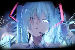 Rule 34 | 1girl, bare shoulders, blue eyes, blue hair, cardiogram, close-up, collared shirt, dutch angle, glitch, glowing, glowing eye, hair between eyes, hair ornament, hands in hair, hands up, hane (kakuhane), hatsune miku, headset, highres, long hair, looking at viewer, microphone, portrait, shirt, sidelocks, sleeveless, sleeveless shirt, solo, twintails, vocaloid, white shirt
