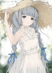 Rule 34 | 1girl, absurdres, arm up, bare arms, blue eyes, blunt bangs, blurry, blush, bokeh, bonnet, braid, commentary, daichengqi, dated, depth of field, dress, frills, grey hair, hair ribbon, hand on headwear, hat, highres, long hair, looking at viewer, neck ribbon, no nose, original, outdoors, parted lips, ribbon, signature, sleeveless, sleeveless dress, solo, straw hat, sun hat, twin braids, very long hair