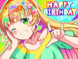Rule 34 | 1girl, birthday, blonde hair, blush stickers, collarbone, commentary, crown hair ornament, earrings, english text, food-themed hair ornament, green eyes, grin, hair ornament, hairclip, happy birthday, heanna sumire, jewelry, keplerlovelive, long hair, looking at viewer, love live!, love live! superstar!!, melon hair ornament, multicolored background, one eye closed, planet earrings, planet hair ornament, ring, smile, star (symbol), star hair ornament, upper body