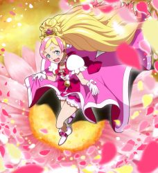 Rule 34 | 1girl, :d, ankle boots, blonde hair, blue eyes, blurry, boots, bow, breasts, buttons, clothes lift, cure flora, depth of field, earrings, eyebrows, floating hair, flower, flower earrings, flower necklace, from above, from side, full body, gloves, go! princess precure, gradient hair, hair bun, half updo, happy, haruno haruka, high ponytail, highres, jewelry, lifted by self, long hair, looking at viewer, looking up, magical girl, multicolored eyes, multicolored hair, necklace, open mouth, perspective, petals, pink bow, pink hair, pink skirt, ponytail, precure, puffy short sleeves, puffy sleeves, sash, shoes, short sleeves, showgirl skirt, single hair bun, skirt, skirt lift, small breasts, smile, solo, standing, streaked hair, streaked hat, thick eyebrows, two-tone hair, uganda (ugandam 00), underwear, very long hair, waist bow, white footwear, white gloves