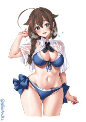 Rule 34 | 1girl, ahoge, bikini, blue bikini, blue eyes, blush, bow, braid, breasts, brown hair, commentary, cropped legs, cropped shirt, ebifurya, front-tie bikini top, front-tie top, gluteal fold, groin, hair between eyes, hair bow, hair flaps, hair ornament, hand up, heart, heart-shaped pupils, heavy breathing, highres, kantai collection, large breasts, long hair, looking at viewer, navel, open mouth, red bow, see-through, shigure (kancolle), shigure kai san (kancolle), shirt, simple background, smile, solo, sweat, swimsuit, symbol-shaped pupils, thighs, twitter username, white shirt