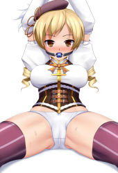 Rule 34 | 1girl, arm warmers, arms up, ball gag, beret, black hat, blonde hair, blush, bow, bow panties, breasts, brown eyes, corset, drill hair, eto, gag, glaring, hat, large breasts, looking at viewer, magical girl, mahou shoujo madoka magica, mahou shoujo madoka magica (anime), panties, purple thighhighs, short hair, simple background, sitting, solo, spread legs, striped clothes, striped thighhighs, sweat, thighhighs, tomoe mami, twin drills, underwear, vertical-striped clothes, vertical-striped thighhighs, white background, white panties, wide spread legs, wiffle gag