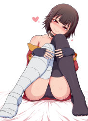Rule 34 | 1girl, ass, bandaged leg, bandages, bare shoulders, black gloves, black hair, black panties, black thighhighs, blush, breasts, collarbone, commentary request, dress, fingerless gloves, gloves, heart, highres, kono subarashii sekai ni shukufuku wo!, looking at viewer, megumin, no shoes, panties, ponponmaru, red eyes, short hair, simple background, single thighhigh, sitting, smile, solo, thighhighs, underwear, white background